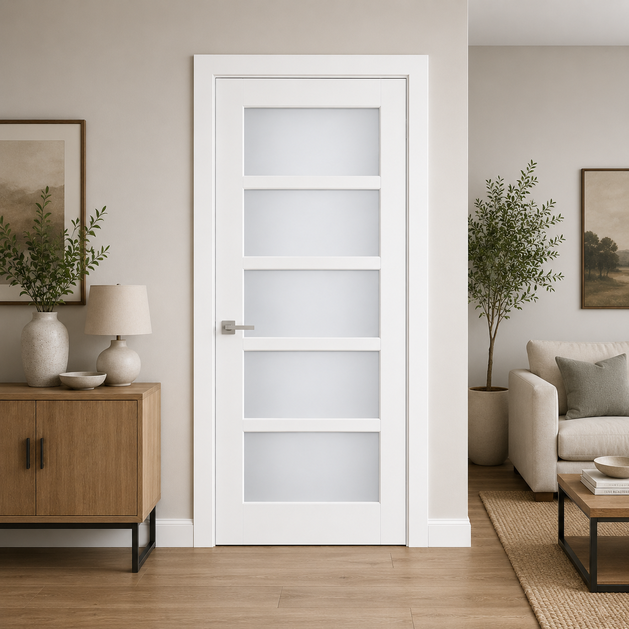 4 White-Primed 5-Lite Frosted Glass Door (96") (ID: DR-1019) - Image 1
